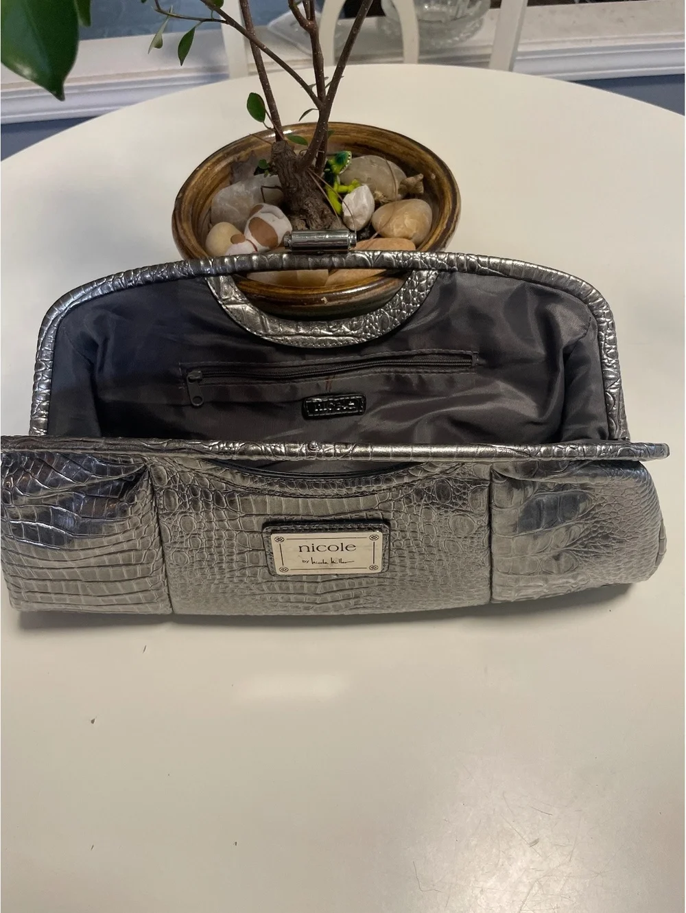 Gun metal silver embossed clutch